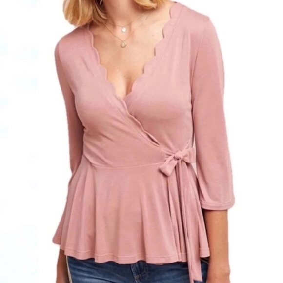 Anthropologie Tops - Anthropologie Blush Pink Scalloped Hem Wrap Top